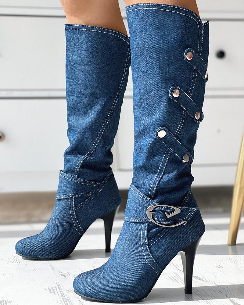 

Denim Buckled Stiletto Heel Boots, Blue
