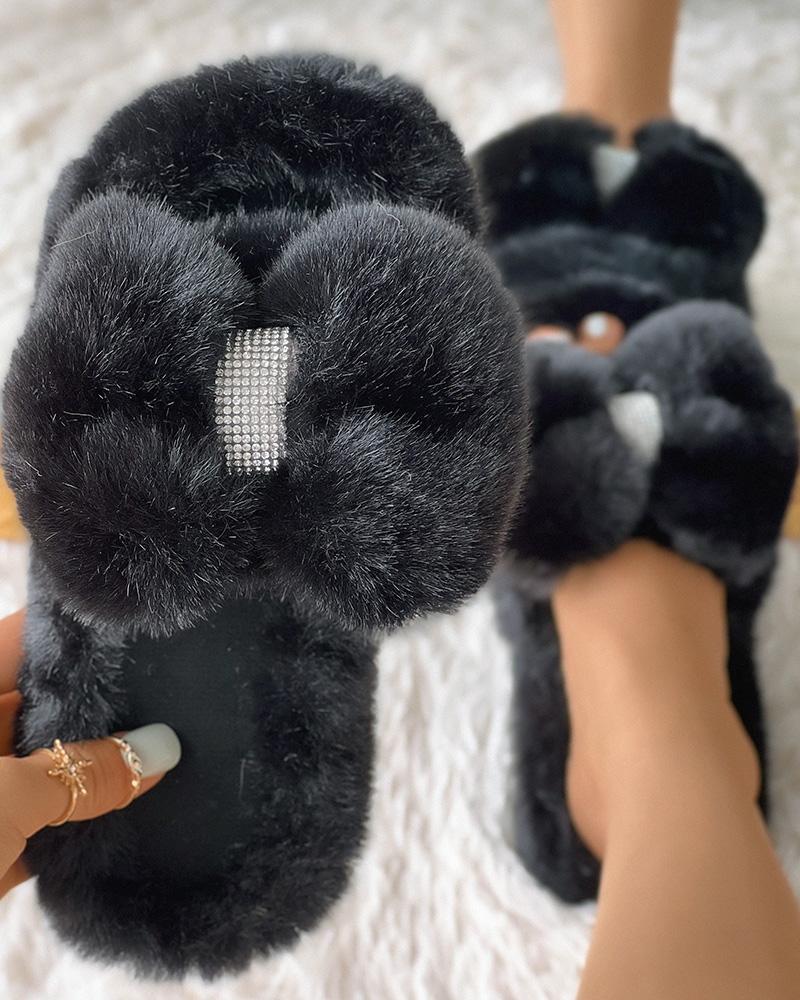 

Fuzzy Bowknot Design Slippers, Black