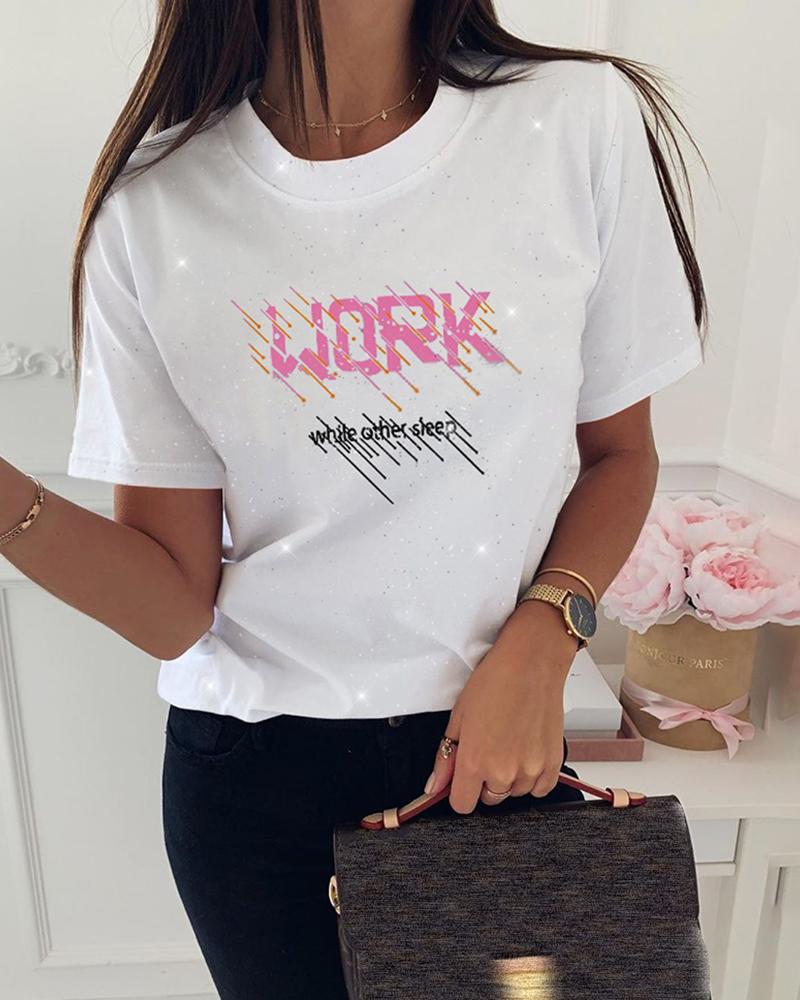 

Letter Print Glitter Casual T-shirt, White