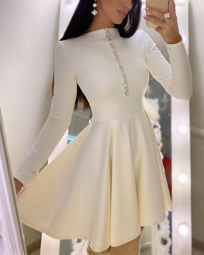 

Solid Long Sleeve Skinny A-line Dress, White