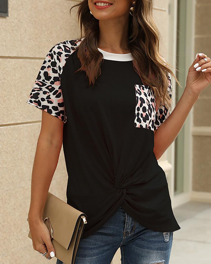 

Leopard Print Casual Twisted T-shirt, Black