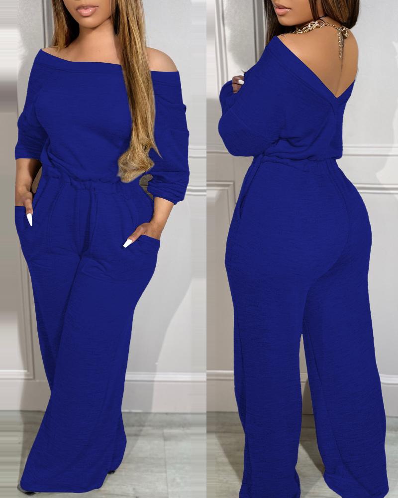 

Off Shoulder V-Back Stretchy Waist Pocket Design Jumpsuit, Blue