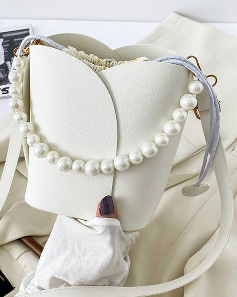 

Pearls Strap Pastel Color Drawstring Bucket Shoulder Bag, White