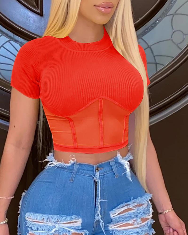 

Ribbed Short Sleeve Mesh Corset Top, Red