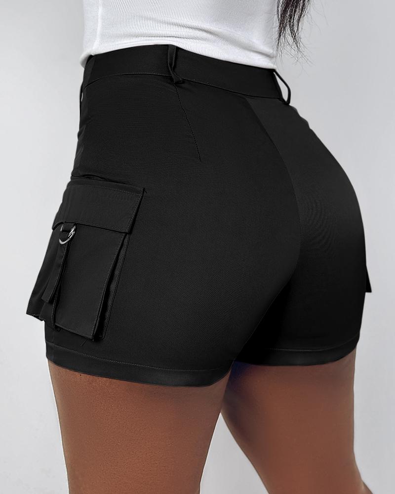 

Buckled High Waist Cargo Shorts, Black