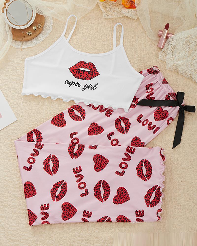

Lip Letter Print Bowknot Decor Cami Set, Pink