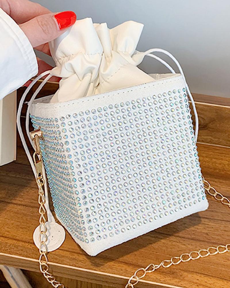 

Allover Rhinestone Drawstring Bucket Bag, White