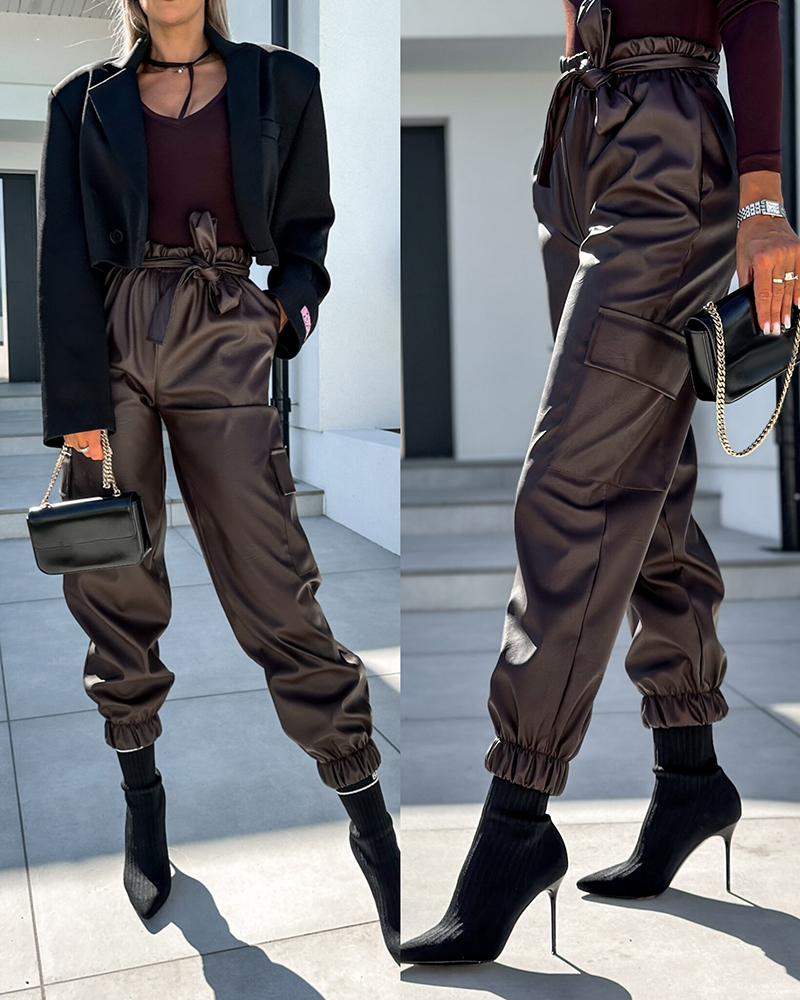 

PU Leather Paperbag Waist Cuffed Pants, Dark brown