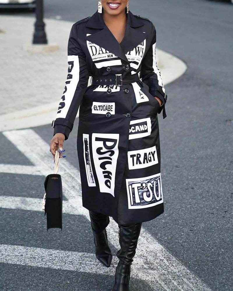 

Letter Print Double Breasted Longline Coat, Black