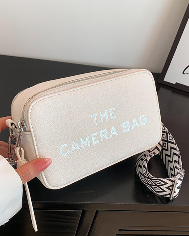 

Letter Print Zipper Crossbody Bag, White