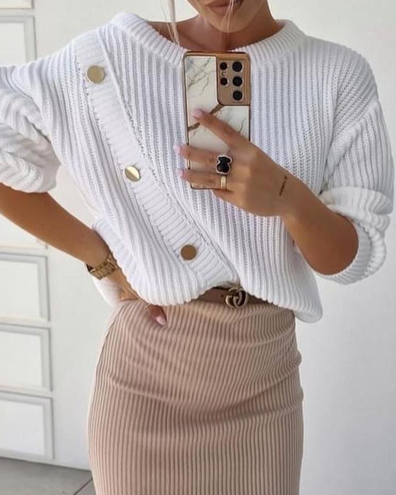 

Button Decor Chunky Knit Long Sleeve Sweater, White