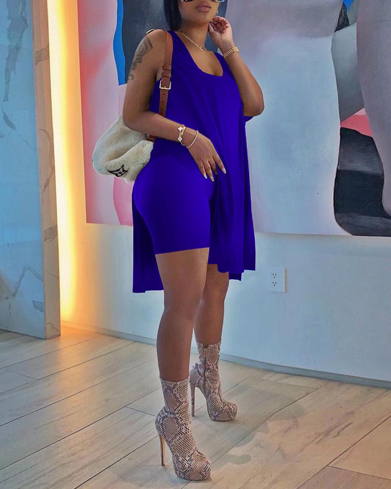 

High Slit Tank Top & Skinny Shorts Set, Dark blue