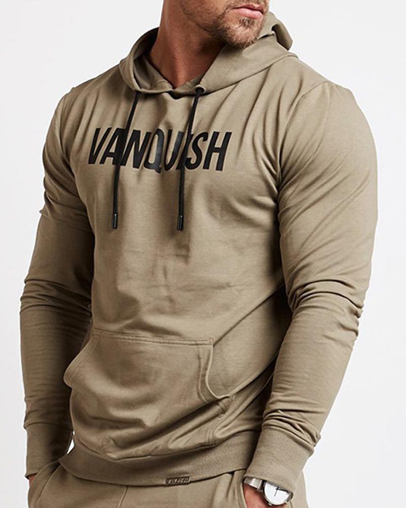 

Letter Printing Long Sleeve Hooded Sporty Sweatshirt, Khaki