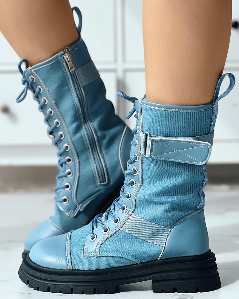 

Velcro Eyelet Lace-up Ankle Boots, Blue