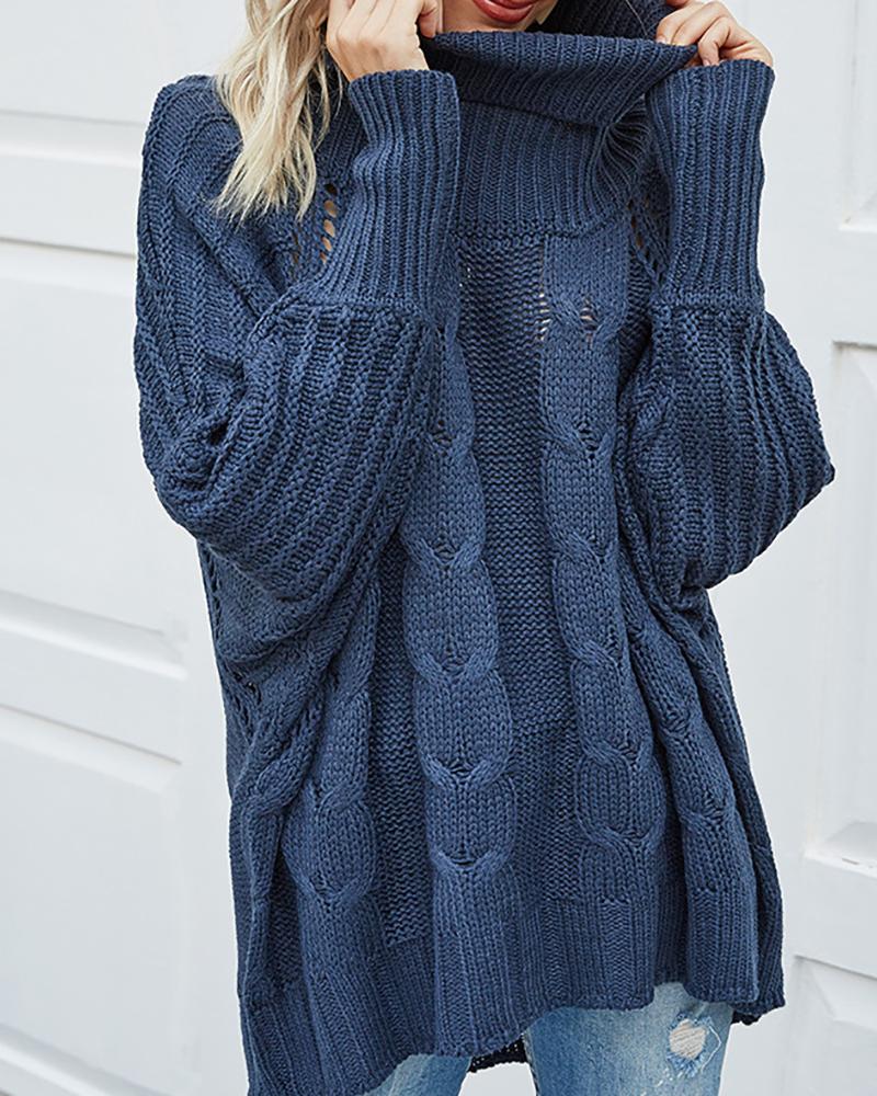 

High Neck Braided Batwing Sleeve Sweater, Dark blue