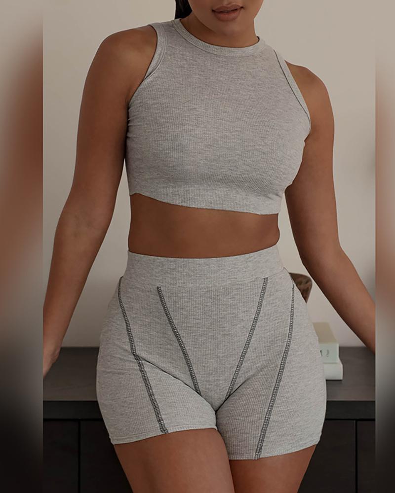 

O-Neck Sleeveless Crop Top & Contrast Piping Shorts Set, Gray