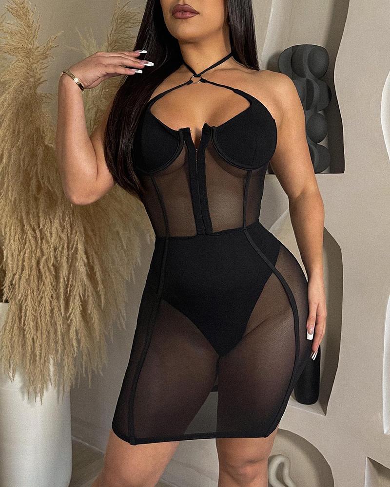 

Sheer Mesh Halter Bodycon Dress, Black