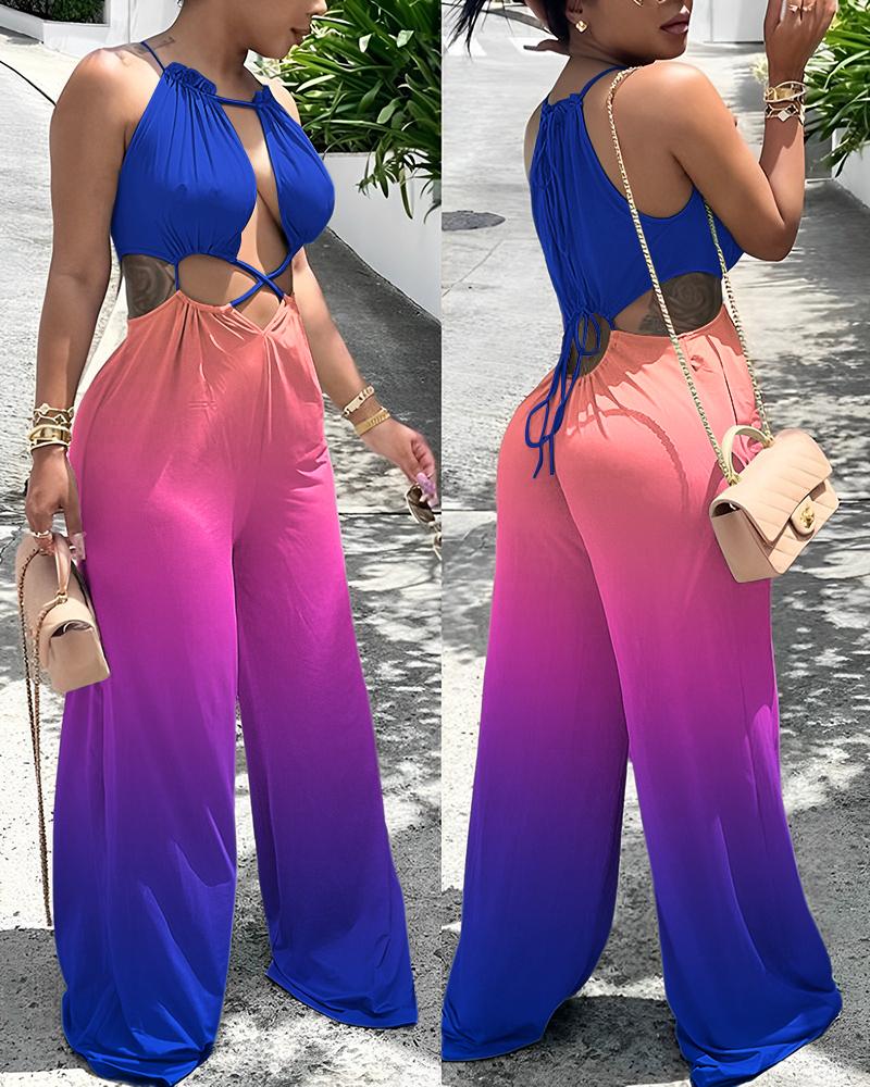 

Ombre Lace-up Cutout Wide Leg Jumpsuit, Blue