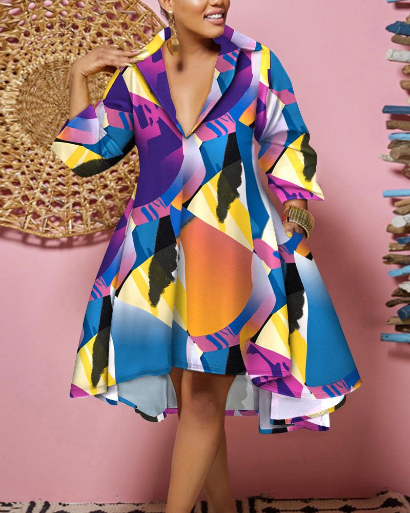 

Plus Size Abstract Geometric Print Long Sleeve Dress, Multicolor