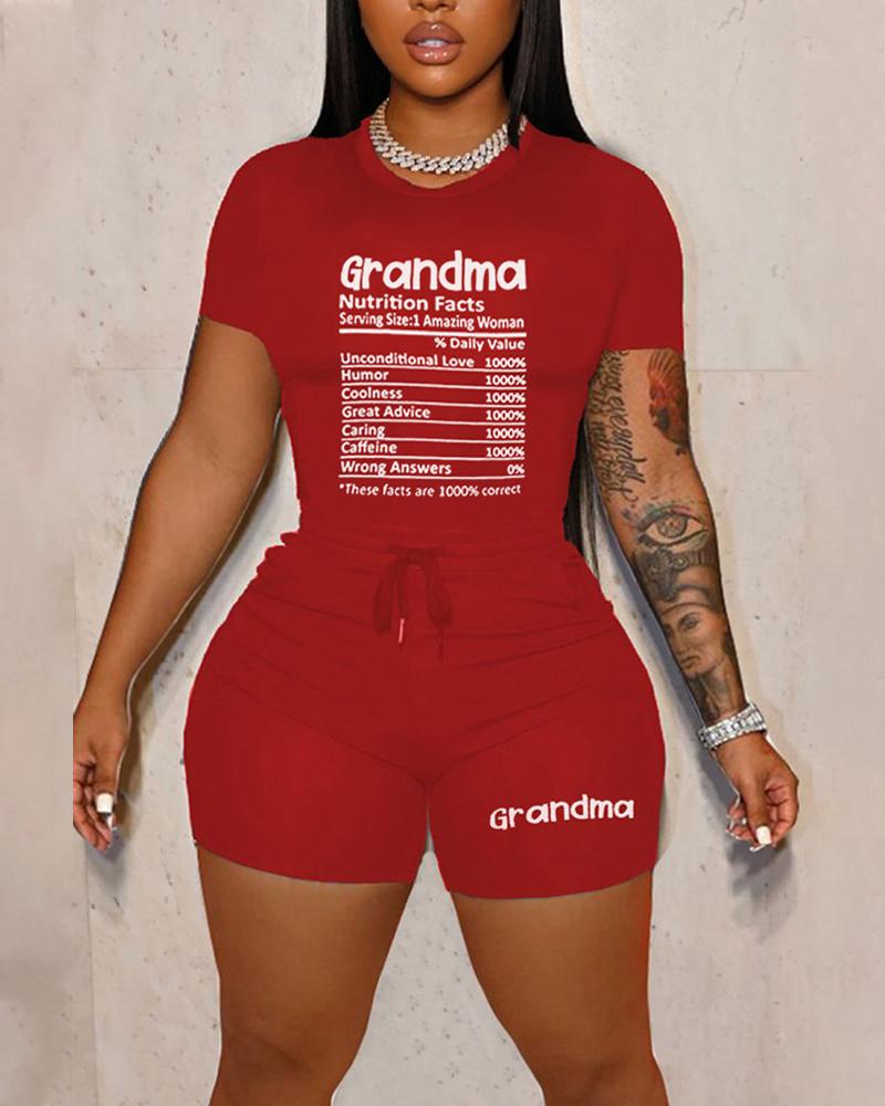 

Grandma Letter Print Top & Drawstring Shorts Set, Red