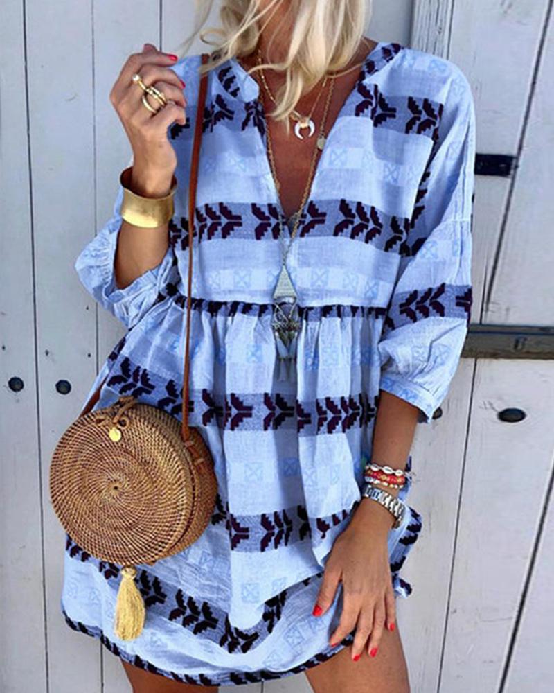 

Fashion Print V-neck Cropped Sleeve Dress, Blue