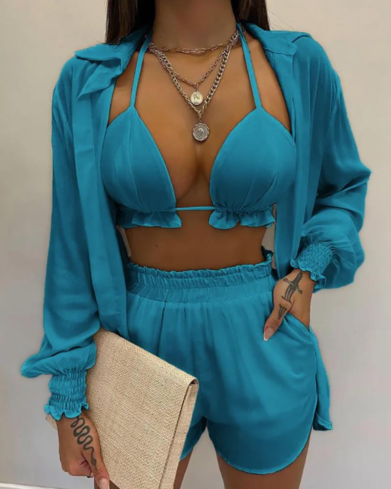 

Lantern Sleeve Shirt & Pocket Design Shorts Sets With Frill Hem Crop Top, Turquoise blue
