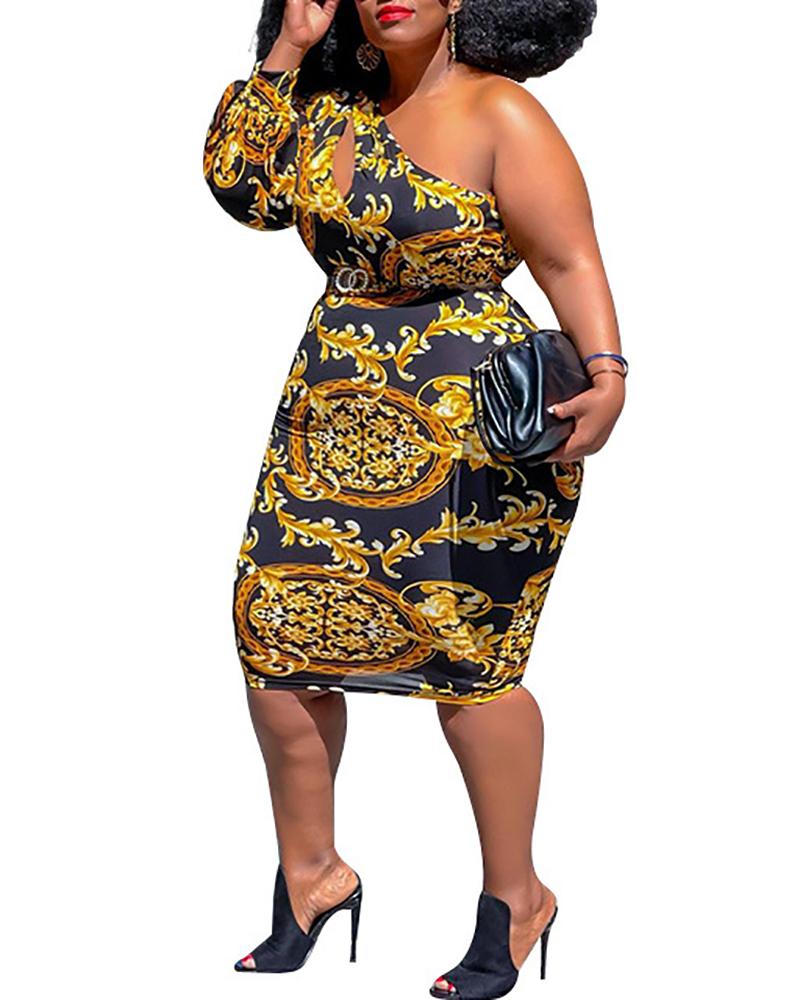 

Plus Size One Shoulder Baroque Print Cutout Dress, Gold