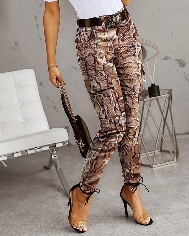 

Snakeskin Print Zip Pocket Design Pants