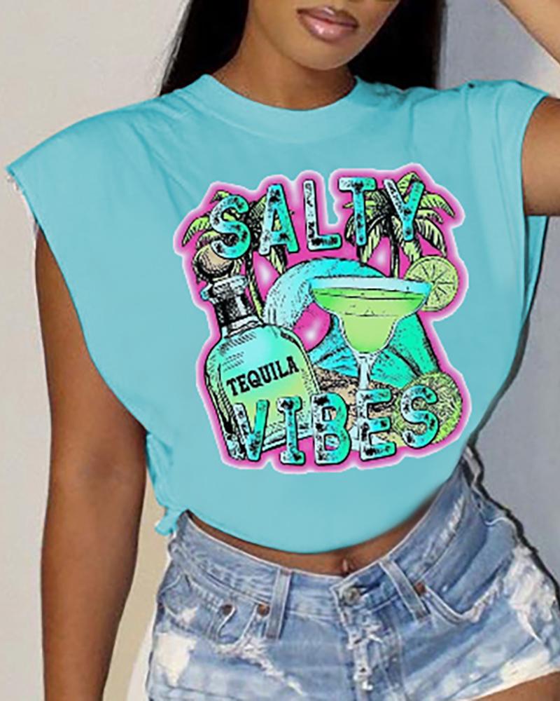 

Letter Graphic Print Cap Sleeve T-shirt, Lighted blue