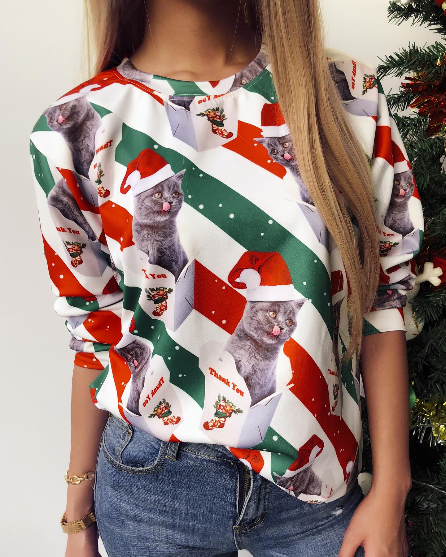 

Christmas Long Sleeve Cat Print Sweatshirt, White