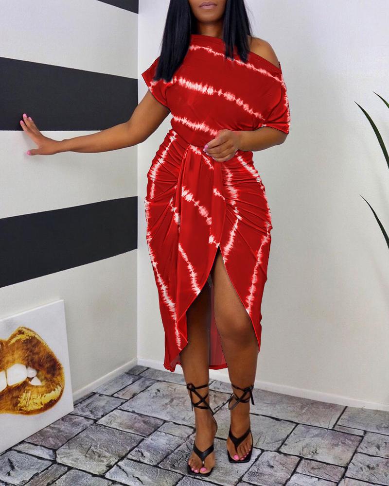 

Tie Dye Print Ruched Slit Casual Dress, Red