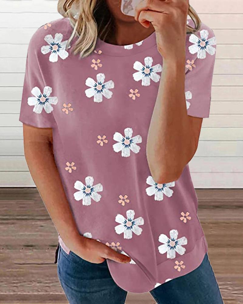

Floral Print Round Neck Short Sleeve T-Shirt, Pink