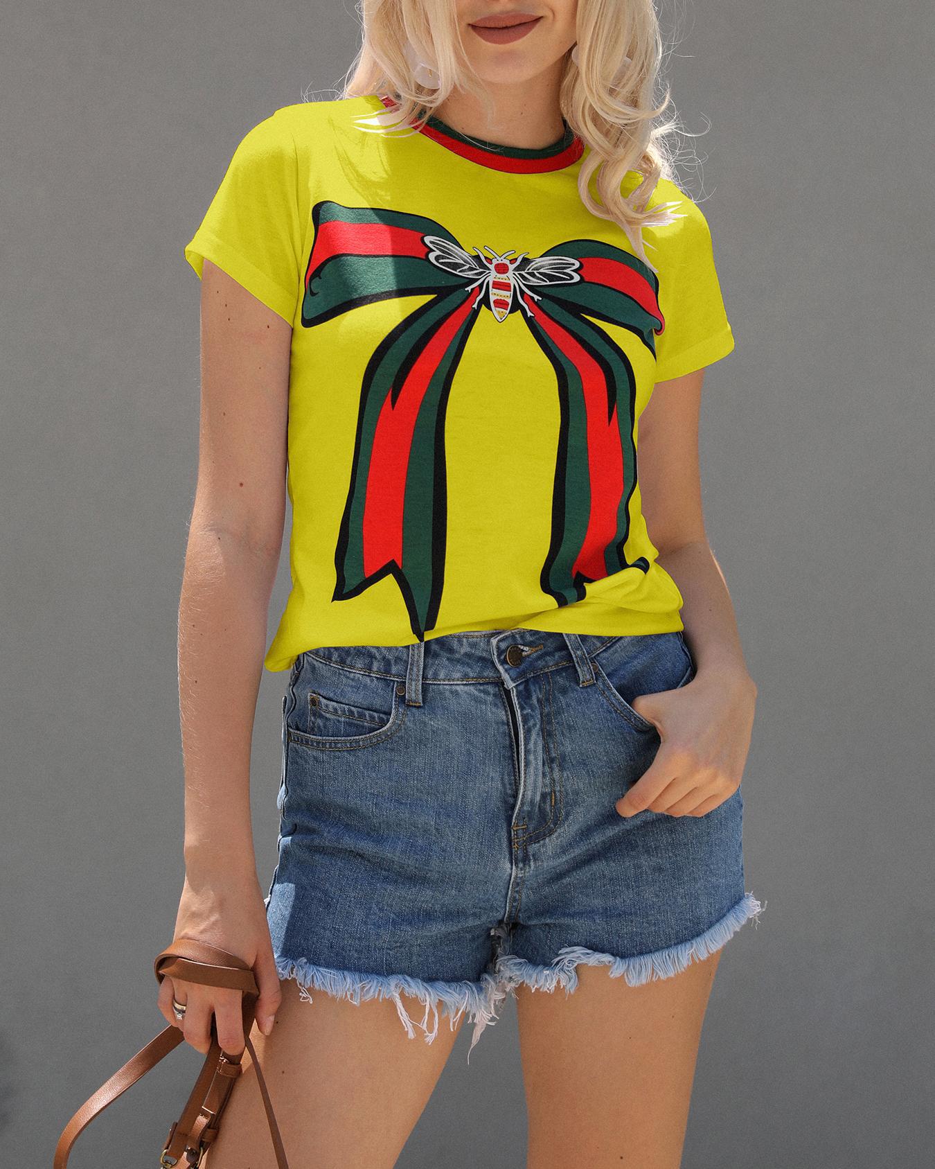 

Bee Bowknot Print Short Sleeve T-shirt, Yellow
