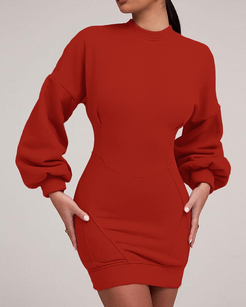 

Lantern Sleeve Bodycon Pullover Sweatshirt Dress Crew Neck Mini Dress, Red