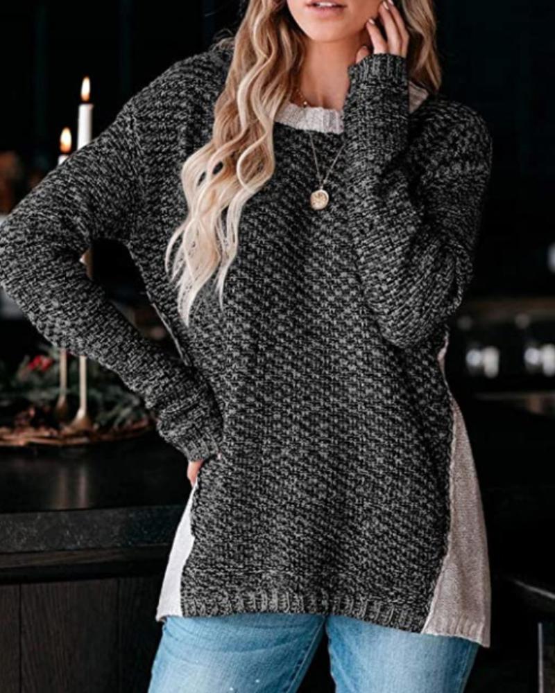 

Colorblock Long Sleeve Knit Casual Sweater, Black
