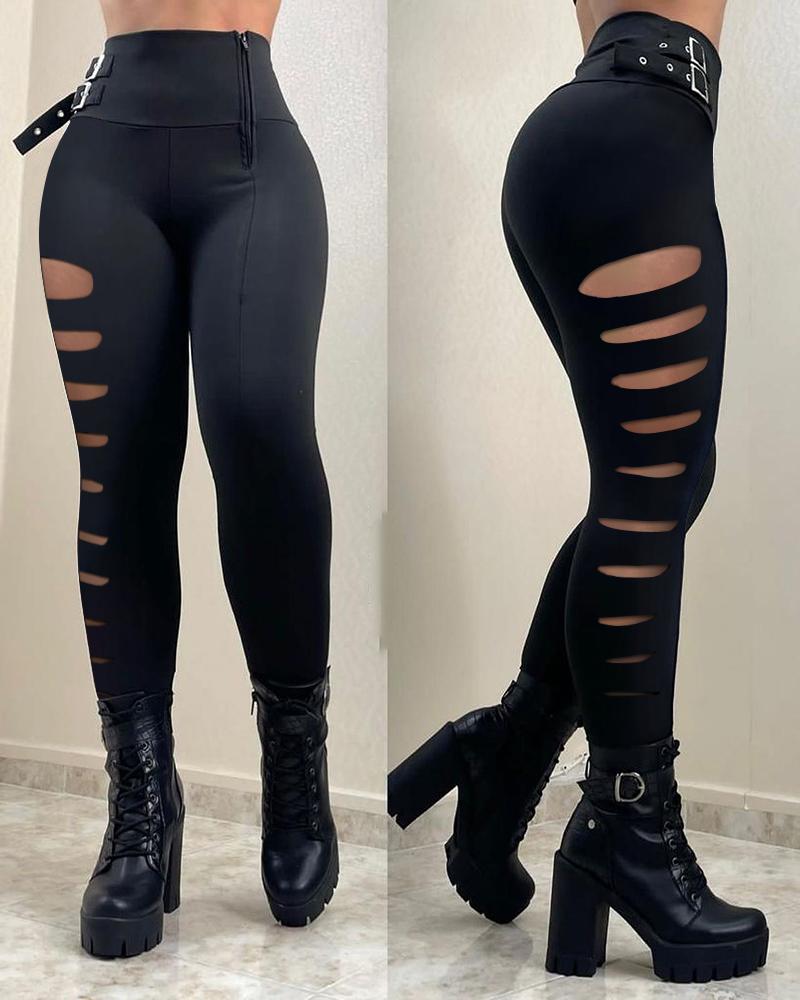 Ladder Cutout Buckle Decor High Waist Skinny Pants