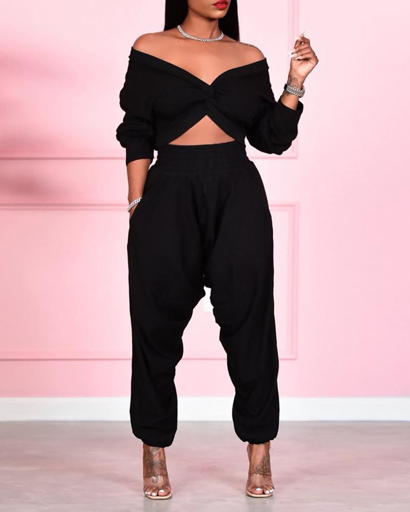 

Plain Twisted Crop Women Top & Pocket Design Pants Set, Black