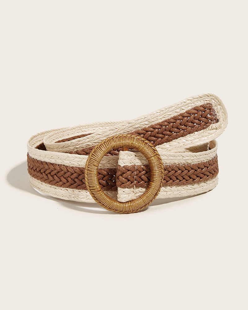 

1pc Colorblock Round Buckle Straw Belt, Coffee