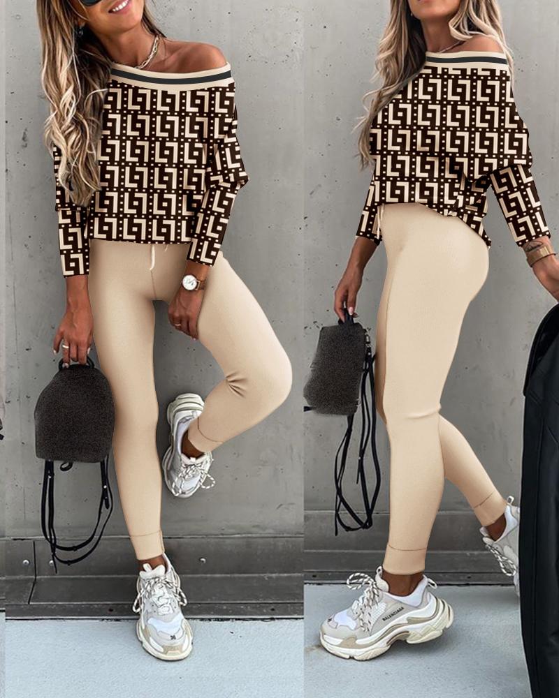

Geometric Print Striped Top & Drawstring Pants Set, Apricot