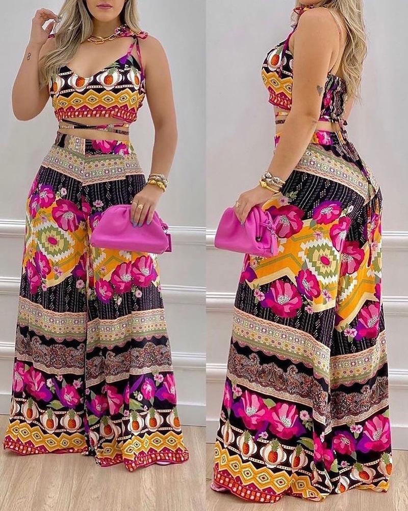 

Pineapple Floral Print Bandage Top & Wide Leg Pants Set, Multicolor
