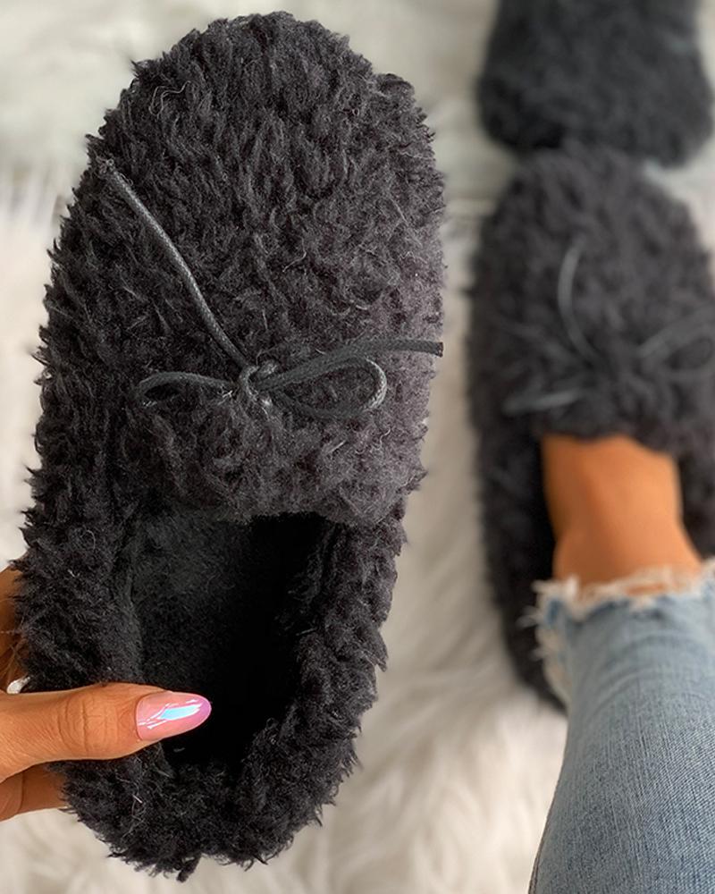 

Plain Tied Detail Close Toe Fluffy Shoes, Black