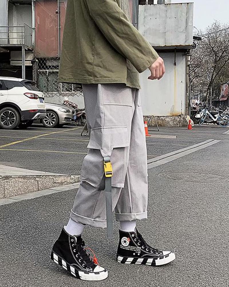 

Solid Buckle Patch Pockets Cargo Pants, Gray