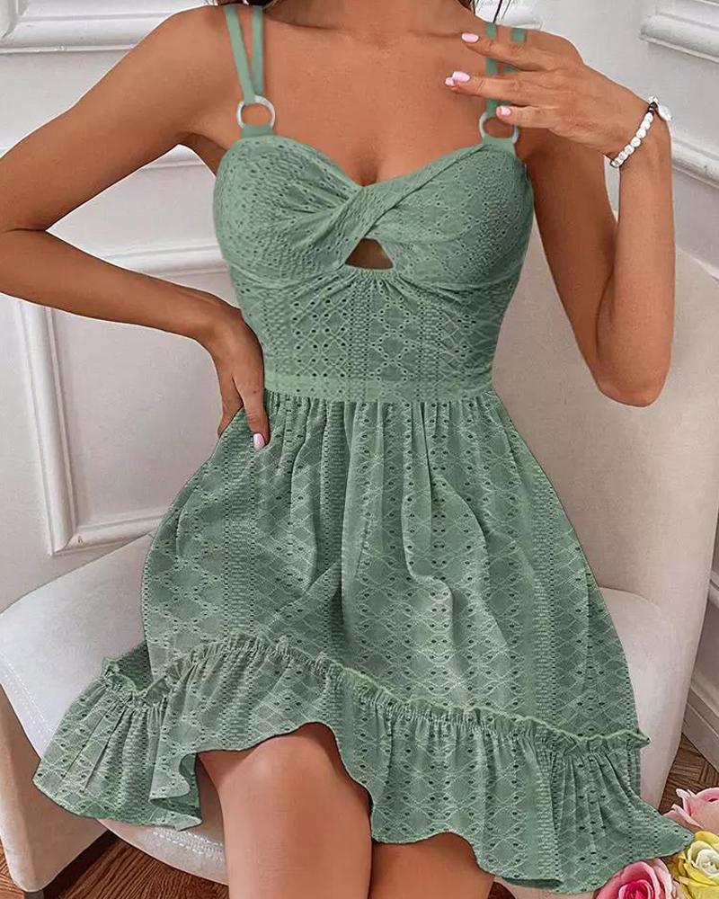 

Eyelet Embroidery Twisted Ruffles Casual Dress, Green