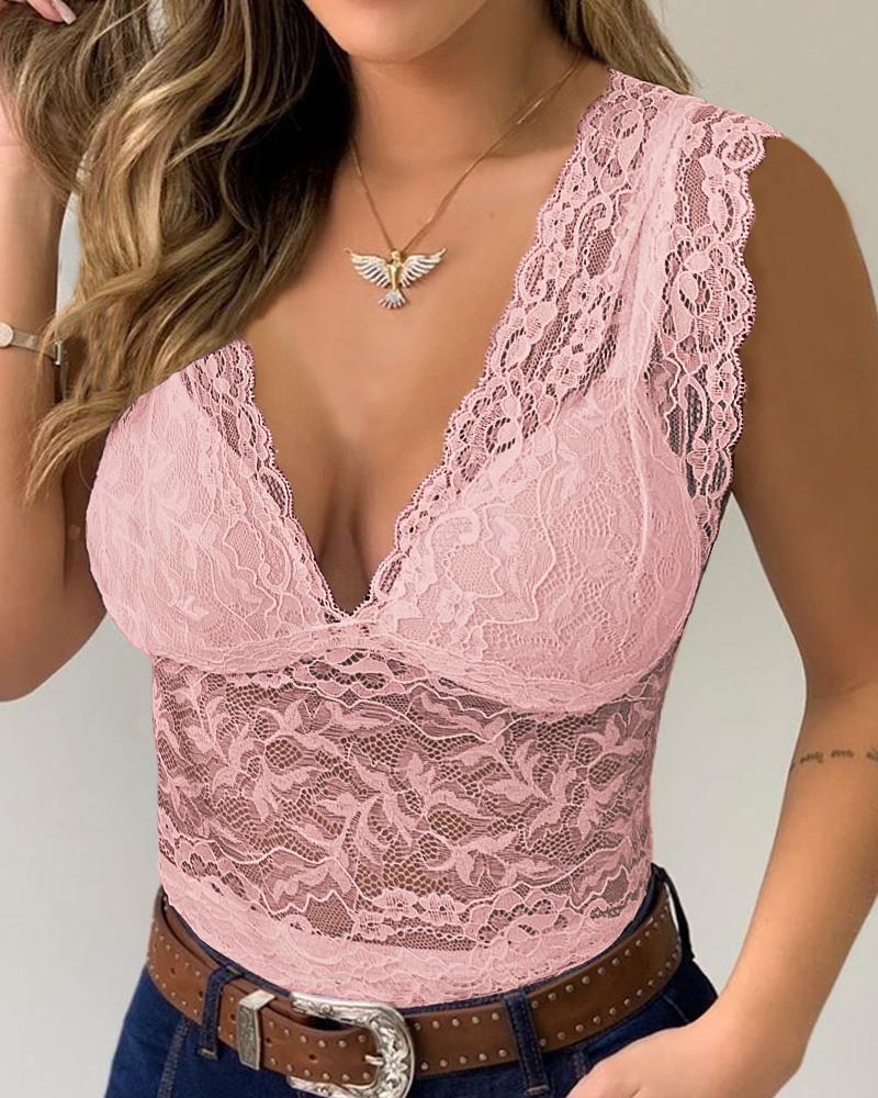 

Plunge Crochet Lace Tank Top, Pink