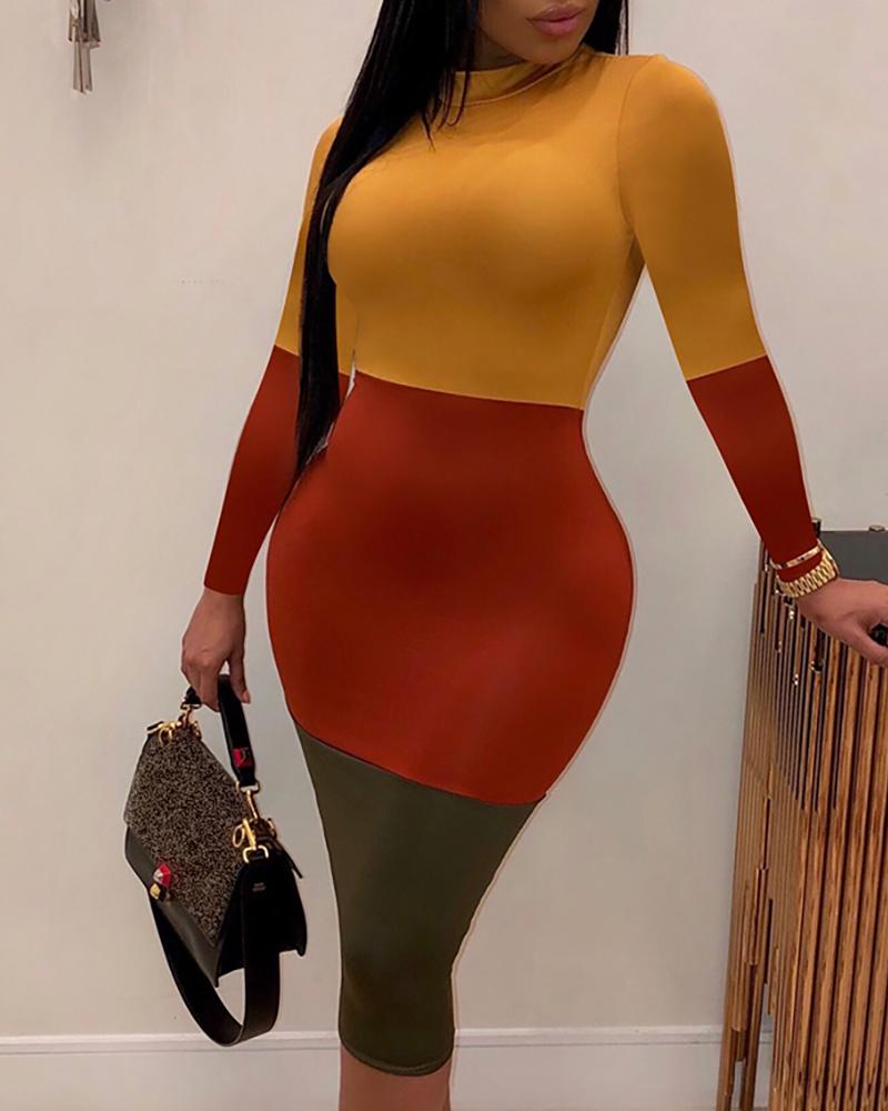 

Colorblock Long Sleeve Bodycon Dress, Yellow