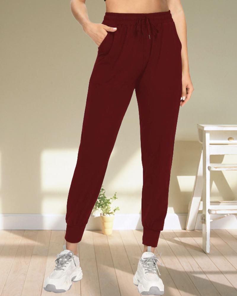 

Drawstring High Waist Fleece Lined Yoga Pants, Wine red