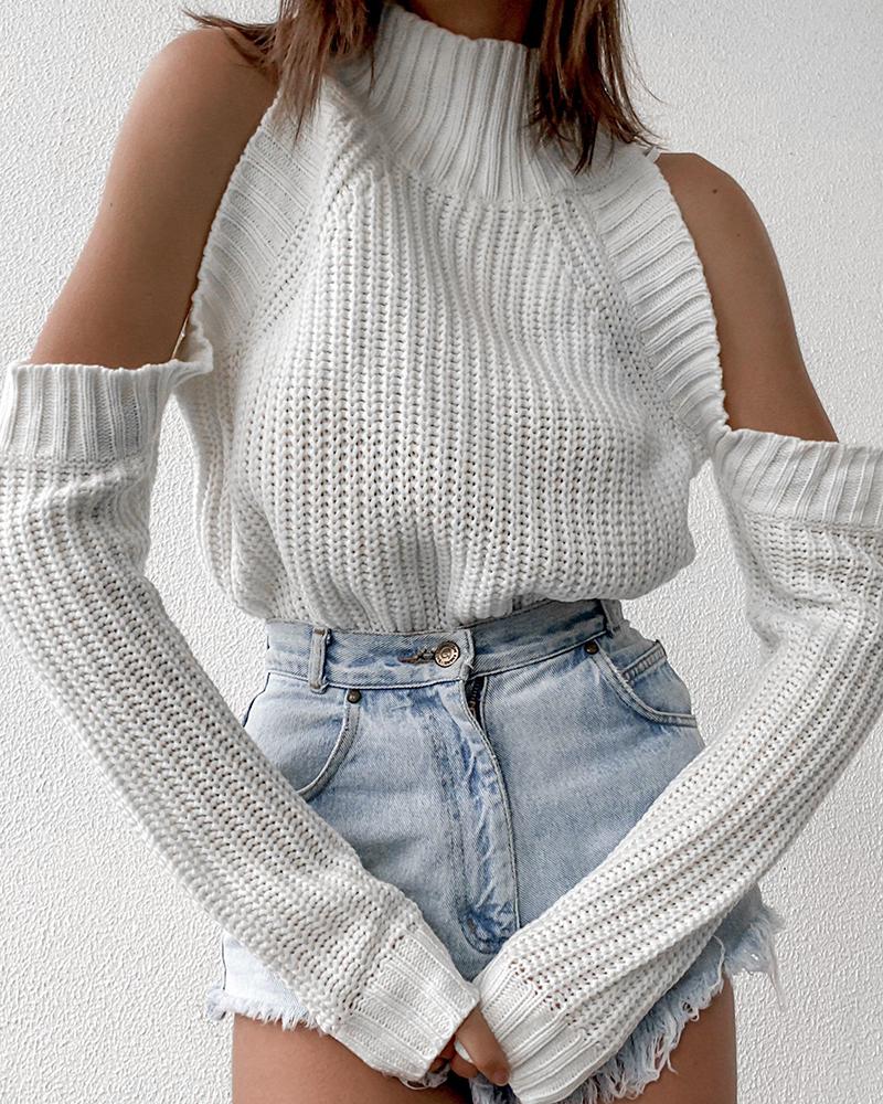 

Cold Shoulder High Neck Long Sleeve Sweater, White