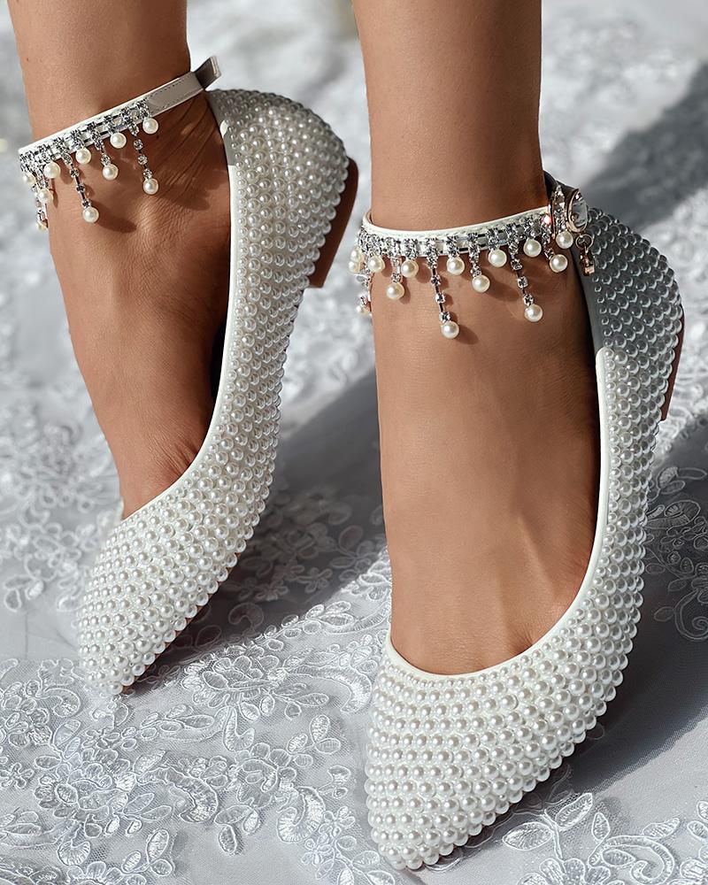 Allover Pearls Rhinestone Tassel Bridal Wedding Loafers