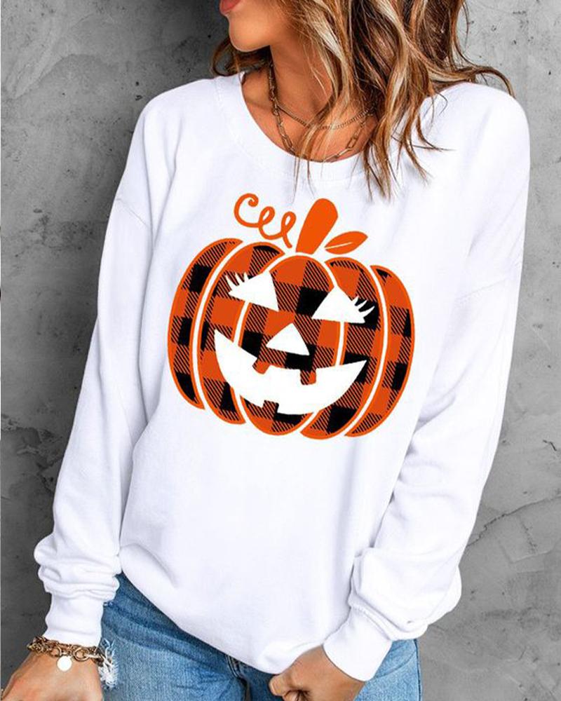 

Halloween Pumpkin Print Long Sleeve Top, White