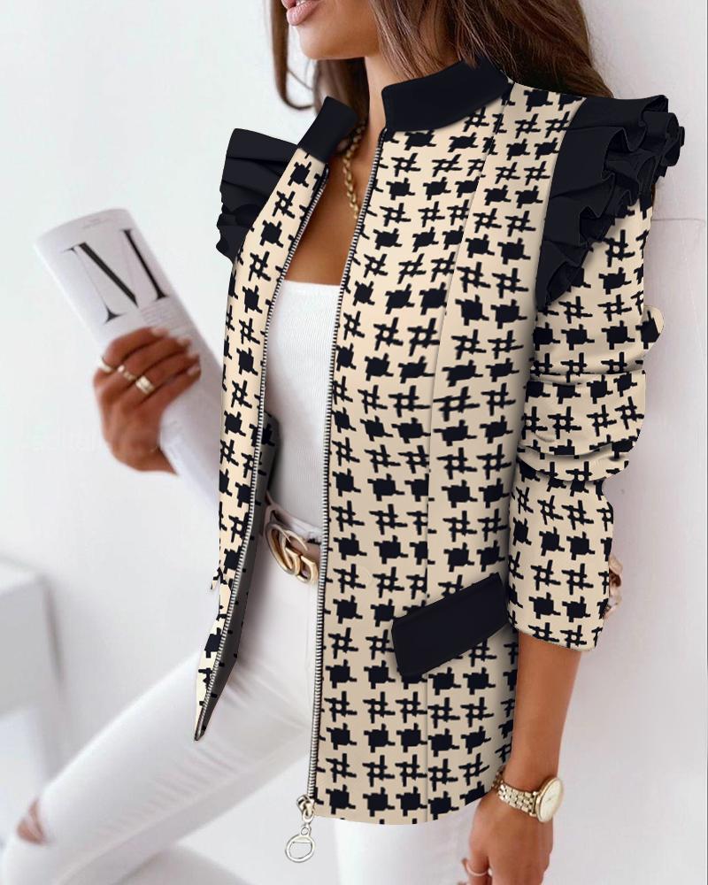 

Houndstooth Print Colorblock Ruffles Long Sleeve Zipper Up Coat, Black